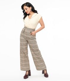 Unique Vintage 1940s Beige Plaid High Waist Sailor Ginger Pants Vintage Beige Bottoms With Belt Loops, Retro Pants With Button Closure For Fall, Retro Beige Workwear Pants, Retro Beige Pants For Workwear, Vintage Cream Wide-leg Bottoms, Vintage Plaid Bottoms For Work, Retro Plaid Wide-leg Pants, Vintage Beige Bottoms For Workwear, Vintage High Waist Plaid Bottoms