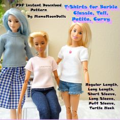 three dolls are standing next to each other in front of a wall with text overlay