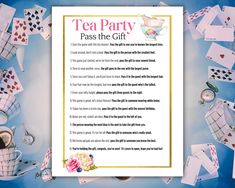 a tea party pass the gift with cards, cups and other items surrounding it on a blue background