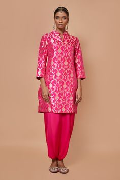 Pink banarasi silk kurta in a floral vine zari woven pattern. Comes with draped dhoti pant. - Aza Fashions Fitted Salwar Kameez For Puja With Traditional Drape, Fitted Traditional Salwar Kameez For Puja, Silk Palazzo Set With Traditional Drape Self Design, Traditional Drape Silk Palazzo Set With Self Design, Festive Silk Kurta With Pallu, Festive Straight Kurta Set In Brocade, Festive Brocade Set With Straight Kurta, Silk Bollywood Sets For Puja, Bollywood Silk Sets For Puja