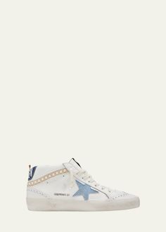 Golden Goose Mid Star Denim Wing-Tip Sneakers Golden Goose Mid Star, Golden Goose Mid, Leather And Denim, Mid Top Sneakers, Golden Goose Shoes