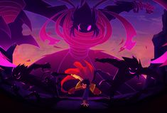 an animated character standing in the middle of a dark forest with purple and red colors