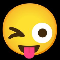 an emoticive smiley face with tongue sticking out and eyes wide open on a black background