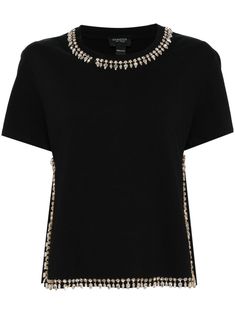 black cotton crystal embellishment round neck short sleeves side slits straight hem Wardrobe Edit, Yoko London, Giambattista Valli, Exclusive Fashion, Crystal Embellishment, Jersey Shirt, Lady Dior, Jacket Tops, Denim Dress