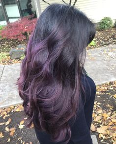 Dark Brown Purple Highlights, Brown Hair W Purple Highlights, Plum Purple Balayage, Purple Highlights Brunette, Purple Dyed Ends, Purple And Brunette Hair, Colorful Balayage Hair, Purple Balayage Black Hair, Deep Purple Balayage