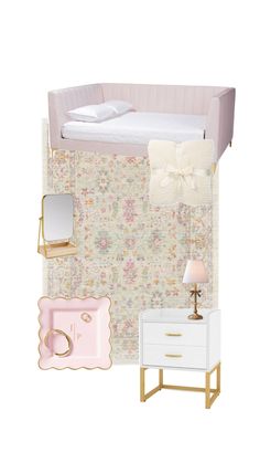 a baby's room with pink and gold accessories, including a crib bed