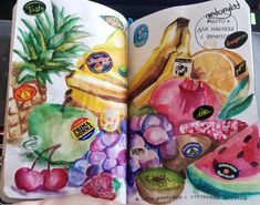 an open book with pictures of fruits and vegetables on the pages, including bananas, pineapples, watermelon