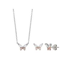 This adorable sterling silver cubic zirconia butterfly stud earring and pendant necklace set is a must-have for any fan of the beautiful insect.Click on this JEWELRY & WATCHES GUIDE to learn about fit, styles, materials and more! Includes: 1 pair of earrings, 1 pendant necklace Clasp: spring-ring Metal: sterling silver Chain length: 18 in. Backings: post Packaging: boxed Finish: polished Earring diameter: 9 mm Chain type: cableSTONE DETAILS Stone type: cubic zirconia Total weight: 9/10 ct. Shape White Cubic Zirconia Butterfly Necklace Gift, White Gold Cubic Zirconia Butterfly Necklace As Gift, Butterfly Stud Earrings, Necklace Clasp, Butterfly Earrings Stud, Necklace Clasps, Earrings Pendant, Ring Metal, Stud Earring