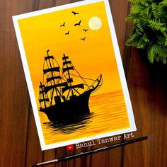 there is a card with a painting of a ship in the water and birds flying over it