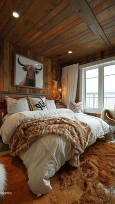 a large bed sitting under a window next to a white chair in a living room