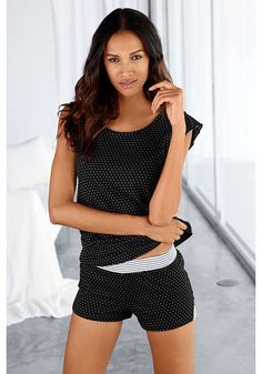 Stay comfy in this short style pajama set. Ashley Brooke, Pajama Romper, Online Lingerie, Cute Pajamas, Matching Pajamas, Pajama Set Women, Black Dots, Short Pajama Set, Black And White Design