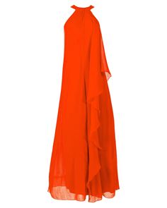 This gorgeous and versatile maxi dress has a high, halter shaped crew neckline with a center front keyhole opening. There is a dramatic, cascading ruffle from the center down to the sexy center front thigh slit. The center back has an invisible zipper closure with hook and eye clasp closure. This maxi dress is cut from sheer, lightweight chiffon in a red hue and is fully lined. The column shape of this style is sexy, figure-flattering, and unbelievably comfortable. The compliments will be endles Disco Jumpsuit, Fringe Kimono, Kimono Sweater, Embroidered Denim Jacket, Keyhole Neck, Medium Dress, Fabulous Dresses, Aphrodite, Black Maxi Dress