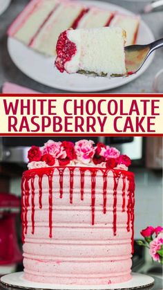 white chocolate raspberry cake with red glaze on top and the words, white chocolate raspberry cake