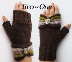 two in one knitted gloves with buttons on the wrist and thumbless hand warmers