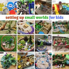 a collage of small world pictures with text reading setting up small words for kids