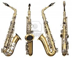 three different types of saxophones on a white background