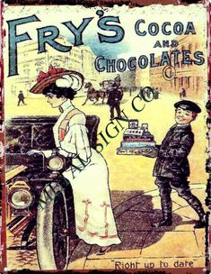 an old fashioned tin sign advertising cocoa and chocolates, featuring a man and woman standing next to a car