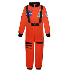 an orange space suit with nasa patches on the chest and two zippers down to one side