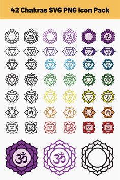 the chakras svg icon pack is shown in different colors and sizes, including one