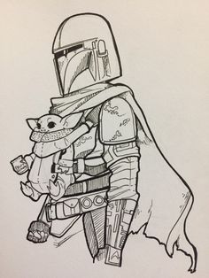 a drawing of a boba fett holding a baby yoda