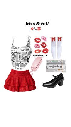 a woman's outfit and accessories including shoes, socks, lipstick, magazine cover