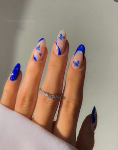 Blue Nail Art Designs, Blue And White Nails, Butterfly Nail Designs, Butterfly Nails, January Nails, Long Acrylic Nail Designs, Summer Toe Nails, Vibrant Nails, White Nail