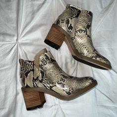 Brand New, Klora Snakeskin Patterned Leather Ankle Boot By Franco Sarto. Comes With Dust Bag But No Box. 2.75 Inch Block Heel Fast Shipping And Comes From A Very Clean, Smoke-Free Home. Leather Boots With Snake Print For Spring, Beige Synthetic Ankle Boots, Casual Ankle-high Boots With Heel Loop, Leather Snake Print Round Toe Heels, Snake Print Leather Heels Medium Width, Beige Ankle Boots With Removable Insole, Leather Snake Print Heels, Snake Print Boots With Medium Width And Almond Toe, Snake Print Boots With Almond Toe And Medium Width