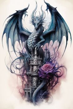 Thistle Tattoo, Designs Aesthetic, Castle Tattoo, Mystical Tattoos, Flying Tattoo, Gothic Dragon, Dragon Tattoo For Women, Dragon Artwork Fantasy