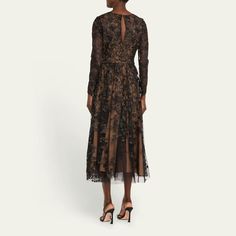 Marchesa Notte midi dress in floral fil coupe Approx. 50.5"L from shoulders to hem High neckline Bracelet sleeves Cutout hook back Hem falls below the knee A-line silhouette Invisible back zipper Polyester Imported Evening Flats, Cocktail Jacket, Lingerie Romper, Marchesa, Platform Pumps, Lingerie Sleepwear, Black Midi Dress, High Neckline, Coat Dress