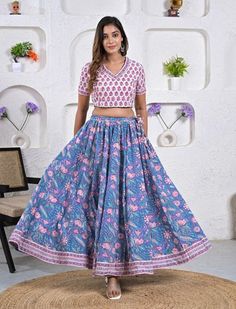 This hand block printed ethnic wear lehenga set is presented to you, A well-known brand in hand block prints from over 9 decades. This exclusively hand stitched lehenga set is made of 100% pure cotton fabric with having hand block printed prints over it. The kurta set is best suitable for you to showcase your womenhood. Wear this at your ease and the fabric is so smooth to skin that you will love it and the attractive prints adds more charm to the same. Material : 100% Cotton Top Length : 15 Inc Gopi Dress, Jaipur Trip, Printed Lehenga, Cotton Lehenga, Stitched Lehenga, Embroidery Designs Fashion, Print Crop Tops, Kurta Set, Birthday Gifts For Girls