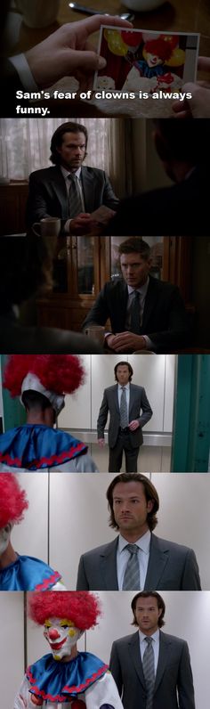 two men in suits and clown hats are talking to each other