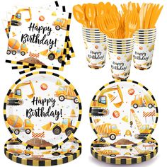 construction birthday party supplies including plates, cups and napkins