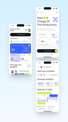 three mobile screens showing the different stages of an application for people to take charge of their creativity