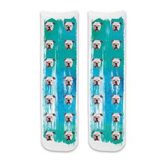 Custom dog photo socks personalized with your dogs photos printed all over the cotton crew socks with green blue paint brush background. Paw Socks, Socks For Dogs, Dog Non Slip Socks, Cute White Cat Design Socks, Socks With Dogs On Them, Paint Splats, Dog Face