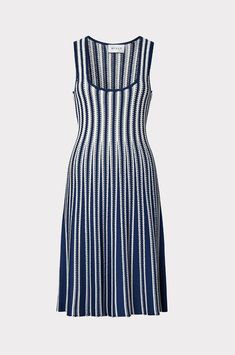 This dress is an easy Milly signature staple. The flattering neck and A-line fit and flare suits every body type beautifully. It’s back for Spring in a striking navy and white stripe. Mini Dress Sleeveless Fabric: 65% Viscose, 35% Nylon Approx. 34 1/2“ in length from shoulder to hem for size small Model is 5'9 and is wearing a size small Milly Dress, Dress Sleeveless, Fit Flare Dress, Swimwear Tops, Fit & Flare, Striped Dress, Flare Dress, Fit And Flare, Navy And White