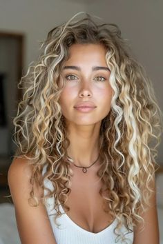 Chunky Balayage Curly Hair, Long Blonde Naturally Curly Hair, Fall Hair Curly Natural Curls, Curly Blonde Hair With Dark Roots, Center Part Wavy Hair, Natural Curly Blonde Highlights, Shadow Root Curly Hair, Curly Hair Blonde Money Piece, Curly Honey Blonde Highlights