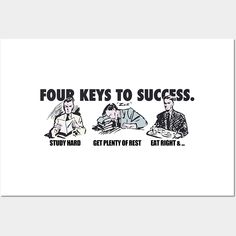 four keys to success poster with two men sitting at a table and one man reading