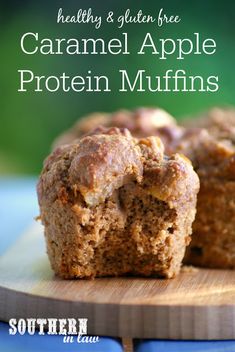 healthy and gluten free caramel apple protein muffins on a cutting board