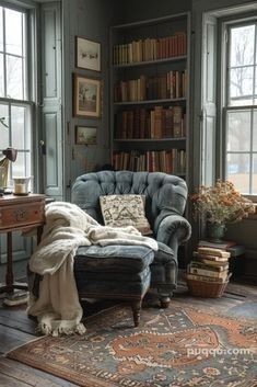 a living room filled with furniture and lots of books on the shelves next to two windows