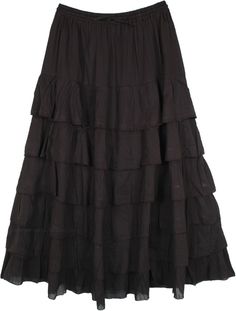 A black cotton maxi skirt with a difference - the flouncy ruffles makes for a bold addition to your bohemian wardrobe.  The skirt has an elastic waist with a drawstring for sizing flexibility. #tlb #Crinkle #TieredSkirt #MaxiSkirt #FairycoreSkirt #TieredSkirt #PixieSkirt Black Bohemian Skirt With Ruffles, Black Tiered Maxi Skirt For Summer, Black Tiered Gathered Skirt, Flowy Black Bohemian Maxi Skirt, Bohemian Black Flowy Maxi Skirt, Casual Black Tiered Maxi Skirt, Bohemian Black Maxi Skirt, Black Ruffled Maxi Skirt For Summer, Black Flared Maxi Skirt With Ruffles