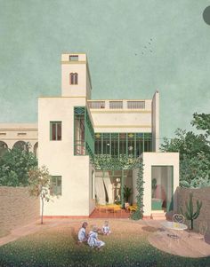 two people sitting on the ground in front of a white house with green shutters