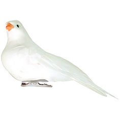 a white bird with orange beak sitting on top of a metal object in front of a white background