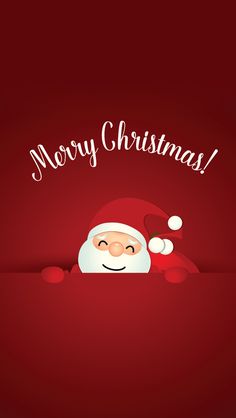 santa claus is peeking out from behind a red background with the words merry christmas on it