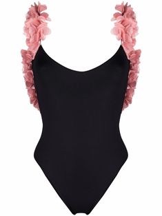 jet-black/rose-pink ruffled detailing U-neck sleeveless Be mindful to try on swimwear over your own garments. Swimming Suits, Swimsuit Black, Ruffle Swimsuit, Floral Swimsuit, Be Mindful, White Swimsuit, Pink Ruffle, U Neck, Black Swimsuit