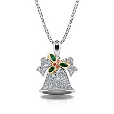 Add a dash of festive exuberance to your holiday style with this fanciful jingle bell necklace. The pendant comes out with this fun idea, consisting with a sterling silver white bell and a holly inlaid some sparkling green and red stones, this masterpiece will bring you luck and happiness. Embrace the holiday spirit with this festive jingle bell necklace and get ready to surprise someone with a fashionable and fun Christmas gift. Wishing all of your Christmas dreams come true!Carat Weight: 1.403 Elegant Necklaces For Christmas Festive Occasions, Elegant Christmas Necklace For Festive Occasions, Elegant Necklaces For Christmas Festivities, Elegant Holiday Necklaces For Celebrations, Elegant White Jewelry For Christmas, Elegant White Christmas Jewelry, Elegant Holiday Festive Necklaces, Elegant White Holiday Necklaces, Elegant White Jewelry For Holiday