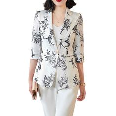 Color/Pattern: White Approximately 23.2in From Shoulder To Hem 100% Polyester Hand Wash Imported Chic Fitted Printed Blazer, Chic Floral Print Outerwear For Office, Chic Floral Print Office Outerwear, Spring Office Blazer With Floral Print, Elegant Floral Print Office Outerwear, Chic Office Blazer With Floral Print, Elegant Floral Print Spring Blazer, Elegant Floral Print Blazer For Spring, Elegant Spring Floral Print Blazer