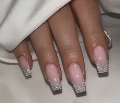 Glittery French Tip Nails Coffin, White Glitter French Tip Nails, Nail Inspo Glitter, Silvester Nails, Silver French Nails, French Nails With Glitter, French Glitter Nails, Nails Glitter French, French Nails Glitter