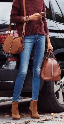 Fall Outfit. Skinny Jeans, Brown Ankle Boots Burgundy/Red Wine Sweater. Michael Kors bag & watch~2015 Hit the Road Ad. Wine Sweater Outfit, Burgundy Sweater Outfit, Outlet Michael Kors, Wine Sweater, 2015 Outfits, Ny Style, Jumper Outfit, Pullover Outfit, Sweater Outfit