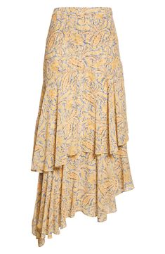 A sunny paisley print swirls all around this silk skirt with a tiered, asymmetric silhouette that swirls all around in the breeze. 32 1/2" to 36 1/2" length (size 8) Hidden side-zip closure Partially lined 100% silk Dry clean Imported Flowy Paisley Print Tiered Skirt, Flowy Tiered Skirt With Paisley Print, Floral Print Tiered Flowy Wrap Skirt, Floral Print Tiered Wrap Skirt, Silk Skirt, Veronica Beard, Paisley Print, Blue Yellow, Neiman Marcus