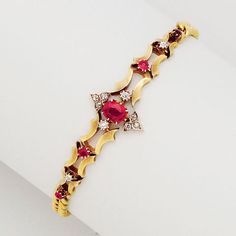 Antique Ruby, Diamond and 15K Gold Bracelet, circa 1885  1 cushion-shaped ruby of approx 0.90 ct, 4 round rubies totalling approx 0.30 ct, 10 old mine-cut diamonds totalling approx 0.25 ct, length 7 1/2 ins Victoria Reign, Ruby Jewellery, Ruby Bracelet, Victorian Vintage, Royal Jewels, Ruby Jewelry, Shiny Things, Victorian Jewelry, Ruby Diamond